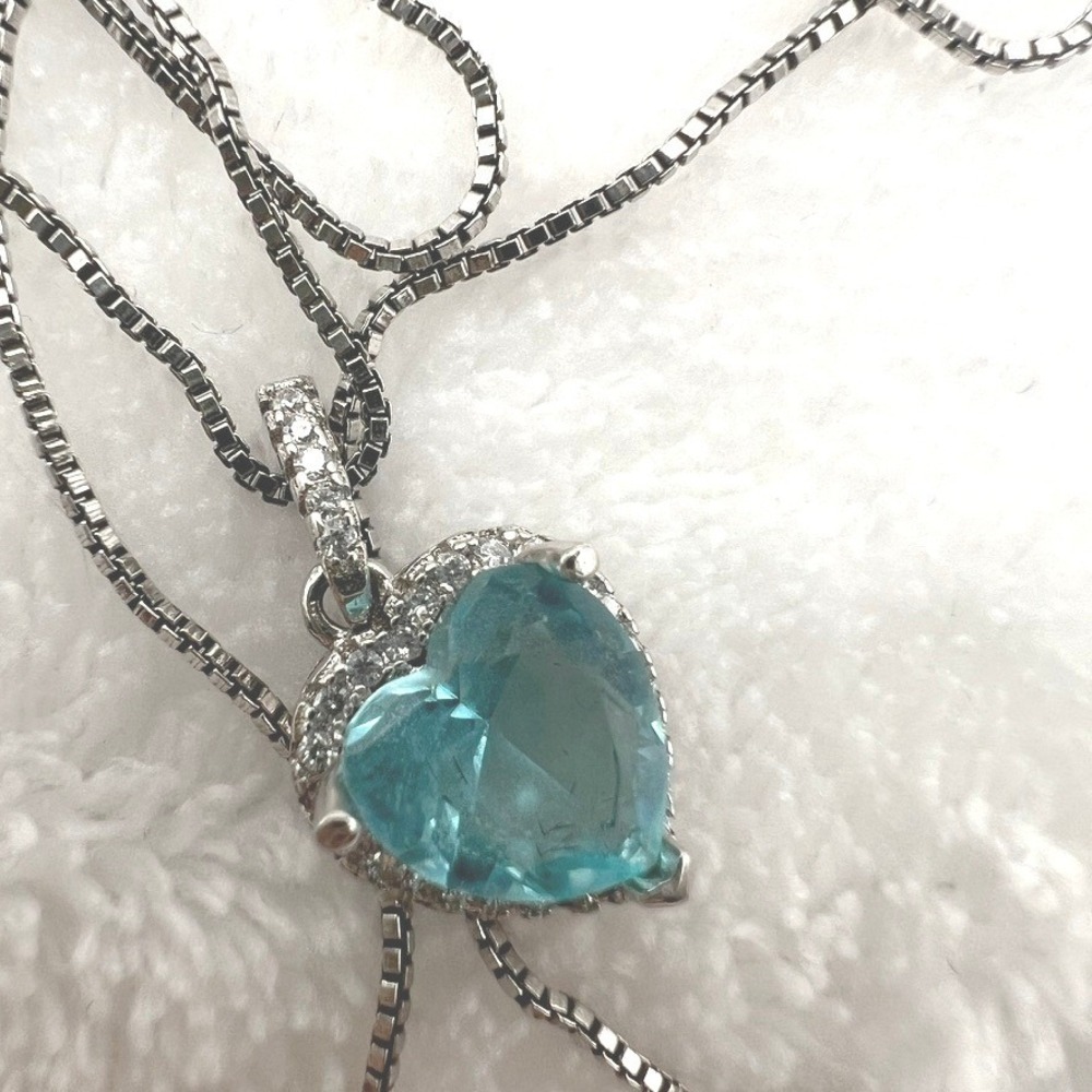 Sterling Silver CZ Necklace‎ Blue Heart Halo Cubic Zirconia - Picture 9 of 14